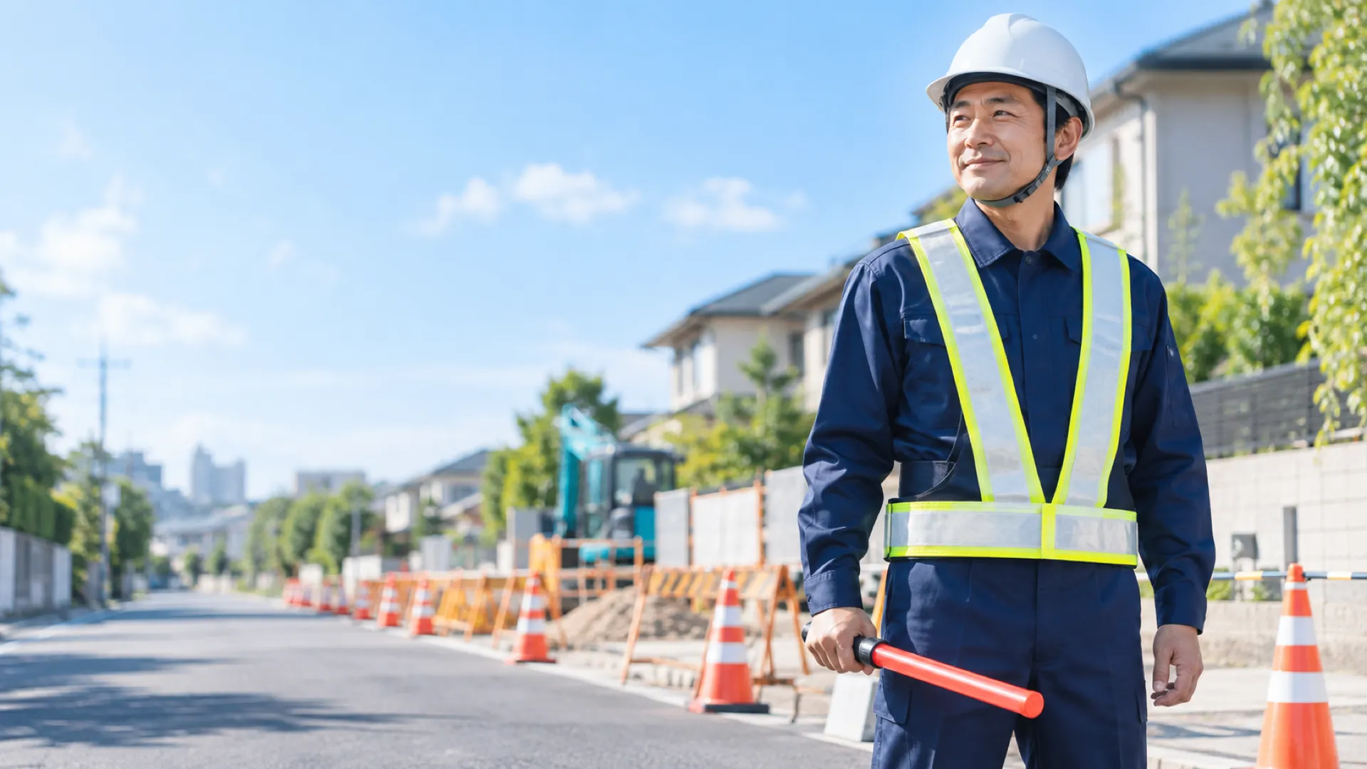 晴れた朝の道路工事の現場で、誘導灯を持って立つ警備員