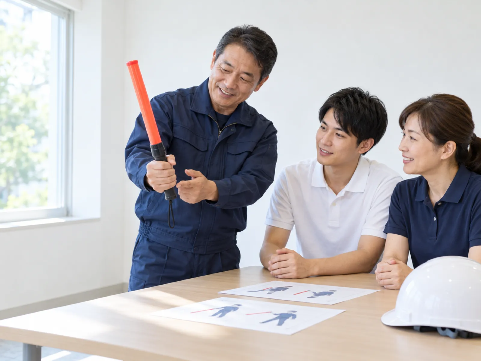 研修室で、先輩の警備員が新しく入った2人に誘導灯の持ち方を教えている